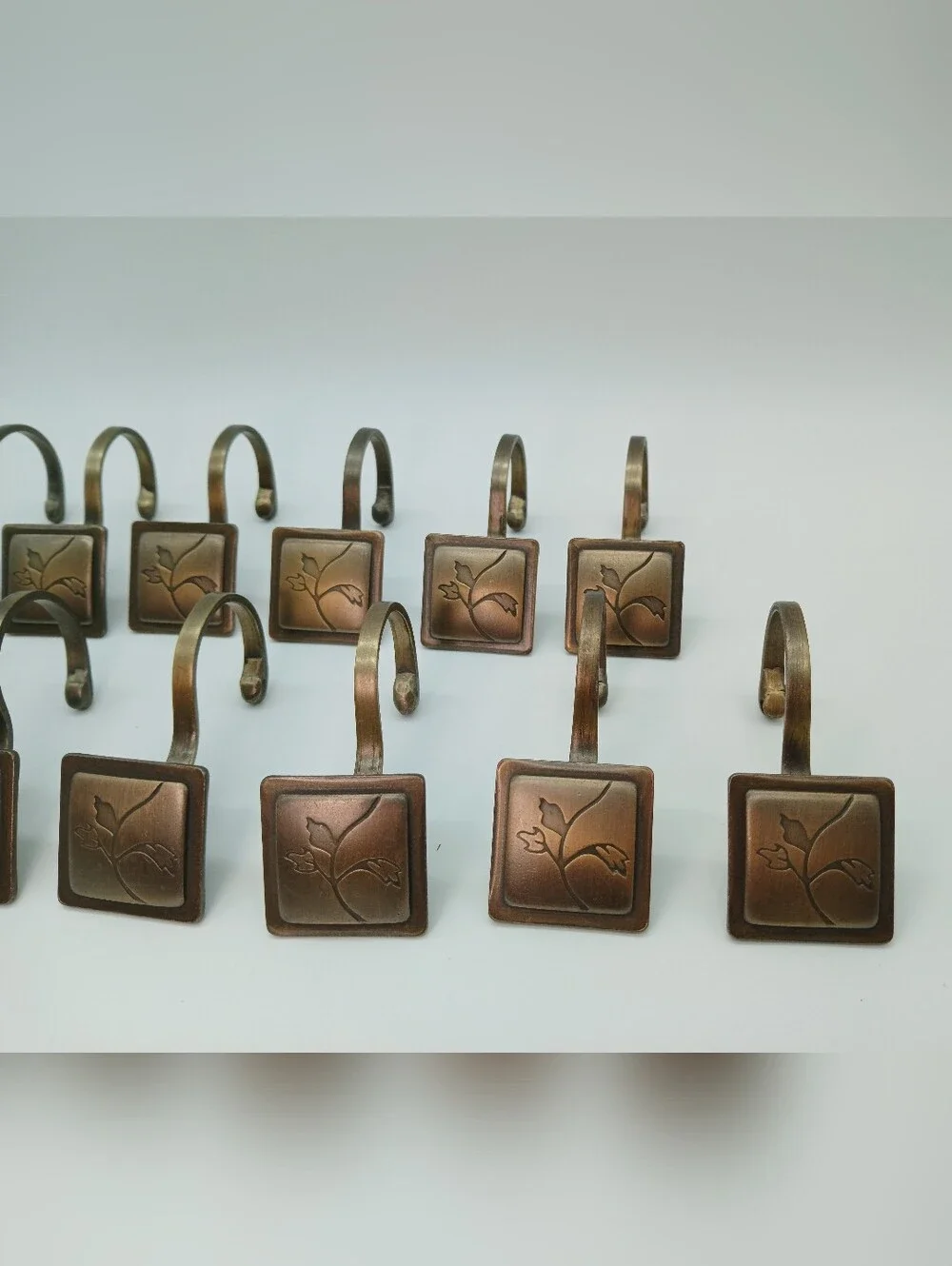 Set of 12 Antique Brass Shower Curtain Hooks with Leaf Detail - Brass Tone
